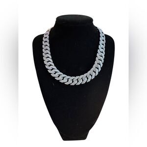 Rhinestone Silver Tone Cuban Link Chain Unisex Necklace. 12”+3” extender.